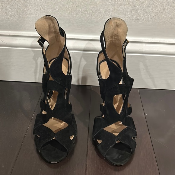 Zara Suede Black Open Toe Heels Size 7 - Picture 2 of 8
